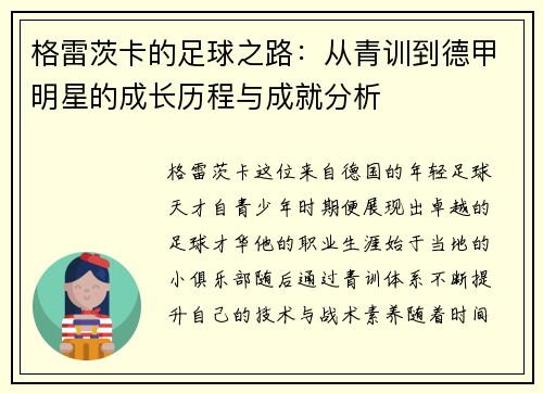 格雷茨卡的足球之路：从青训到德甲明星的成长历程与成就分析